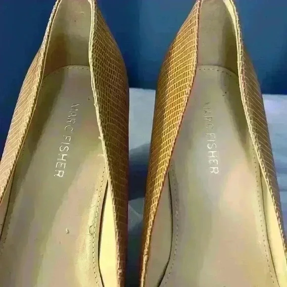 Marc Fisher Tan Leather Snake Print Heels - Picture 3 of 7